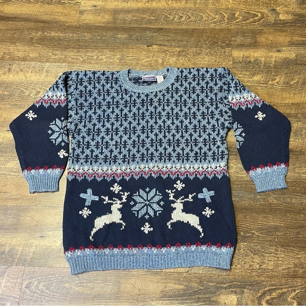 Nordic Fair Isle Deer Snowflake Sweater Womens Large 14 16 Blue Ski Vintage